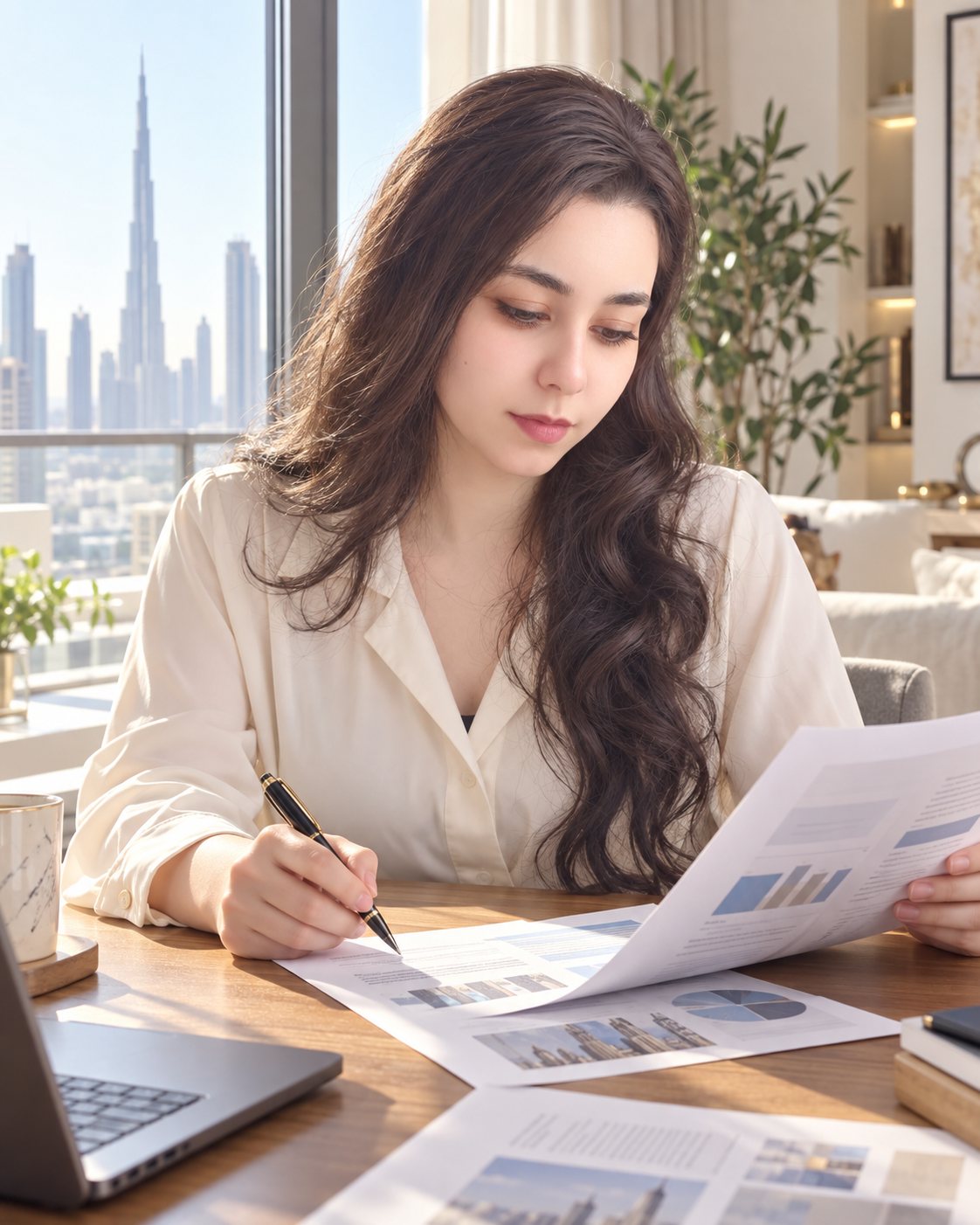 Asma Adel Farag reviewing a printed report at her desk